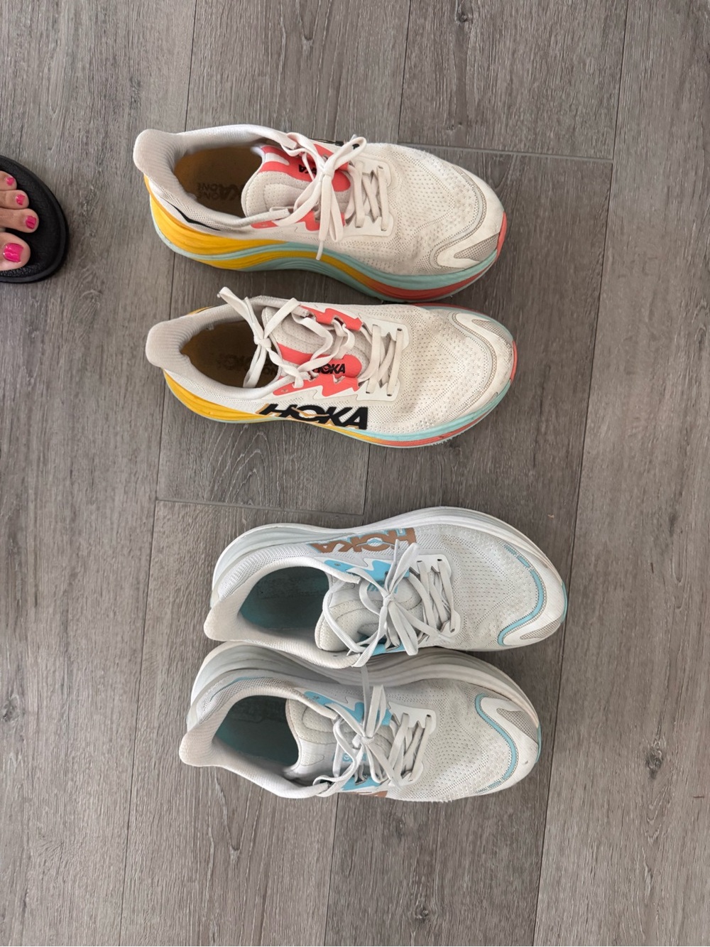Hoka Kids White Sneakers with Yellow, Coral & Aqua Accents